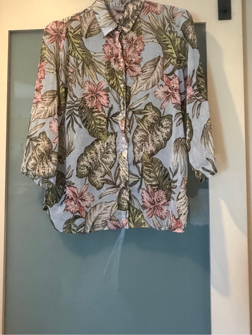 Chico's Light Blue Floral Button-Down Shirt with Pink & Green Leaves